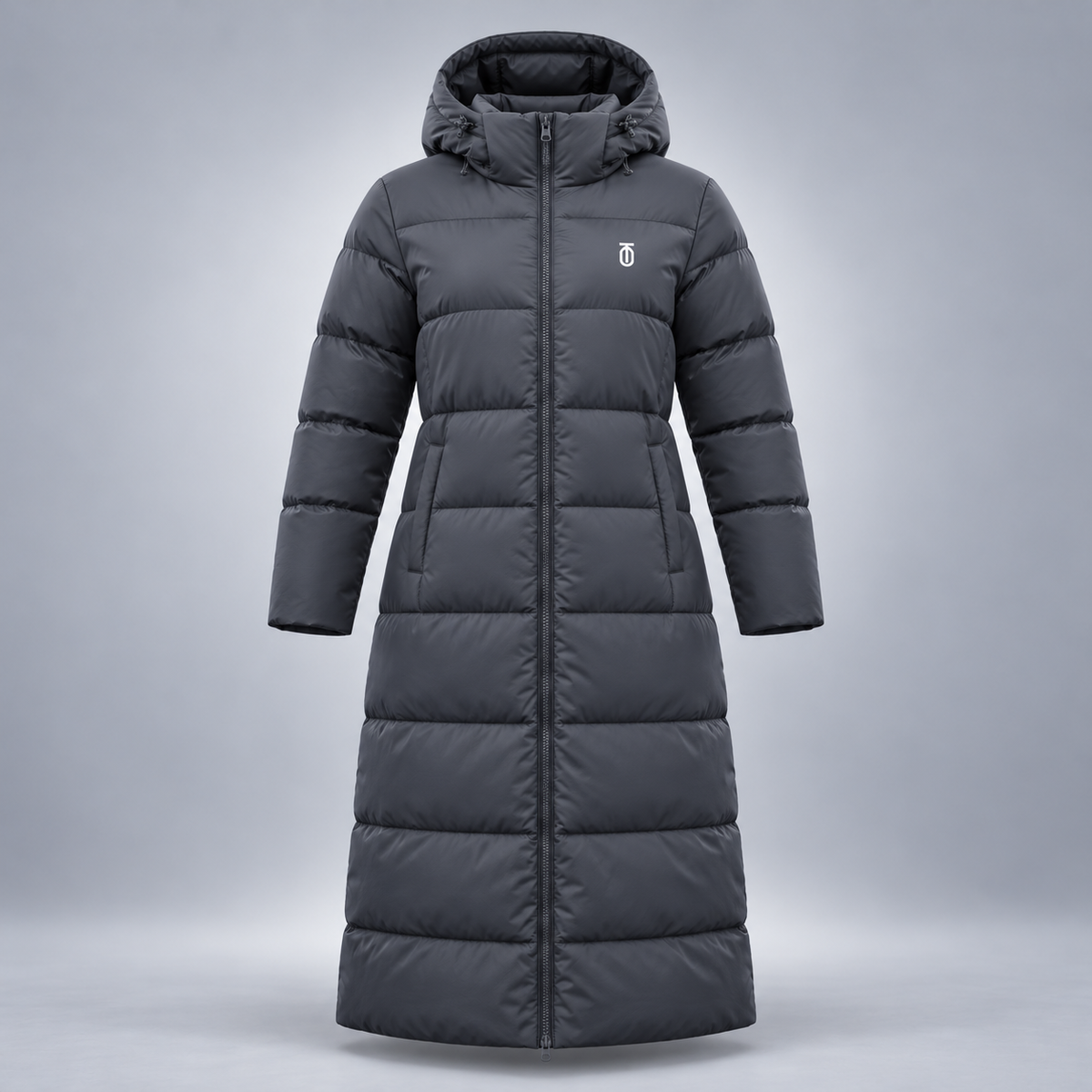 Take One Horizon Women's Longline Puffer Coat by Take One Sportswear in Charcoal, front view.