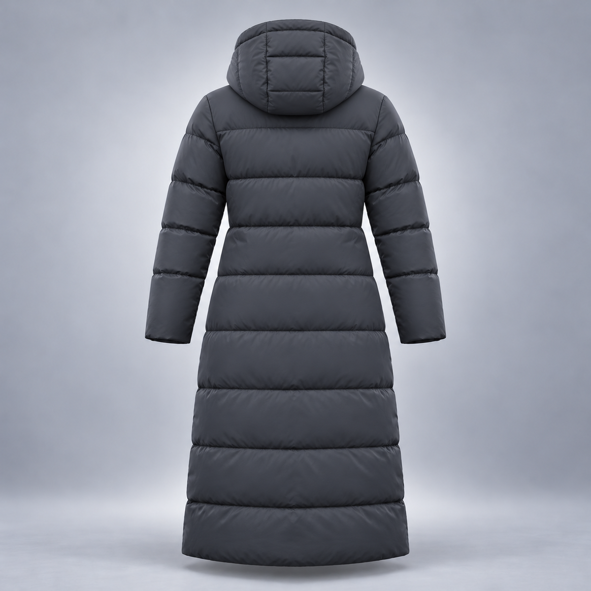 Take One Horizon Women's Longline Puffer Coat by Take One Sportswear in Charcoal, back view.