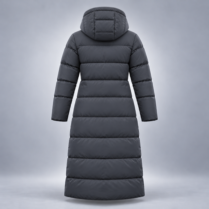 Take One Horizon Women's Longline Puffer Coat by Take One Sportswear in Charcoal, back view.