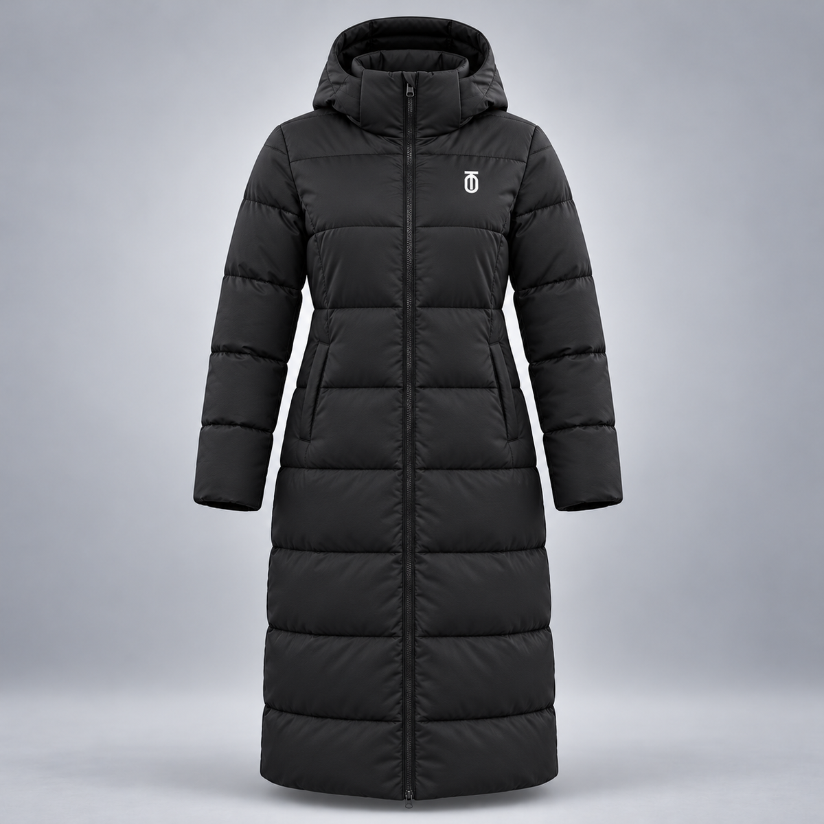 Take One Horizon Women's Longline Puffer Coat by Take One Sportswear in Black, front view.