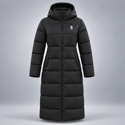 Take One Horizon Women's Longline Puffer Coat by Take One Sportswear in Black, front view.