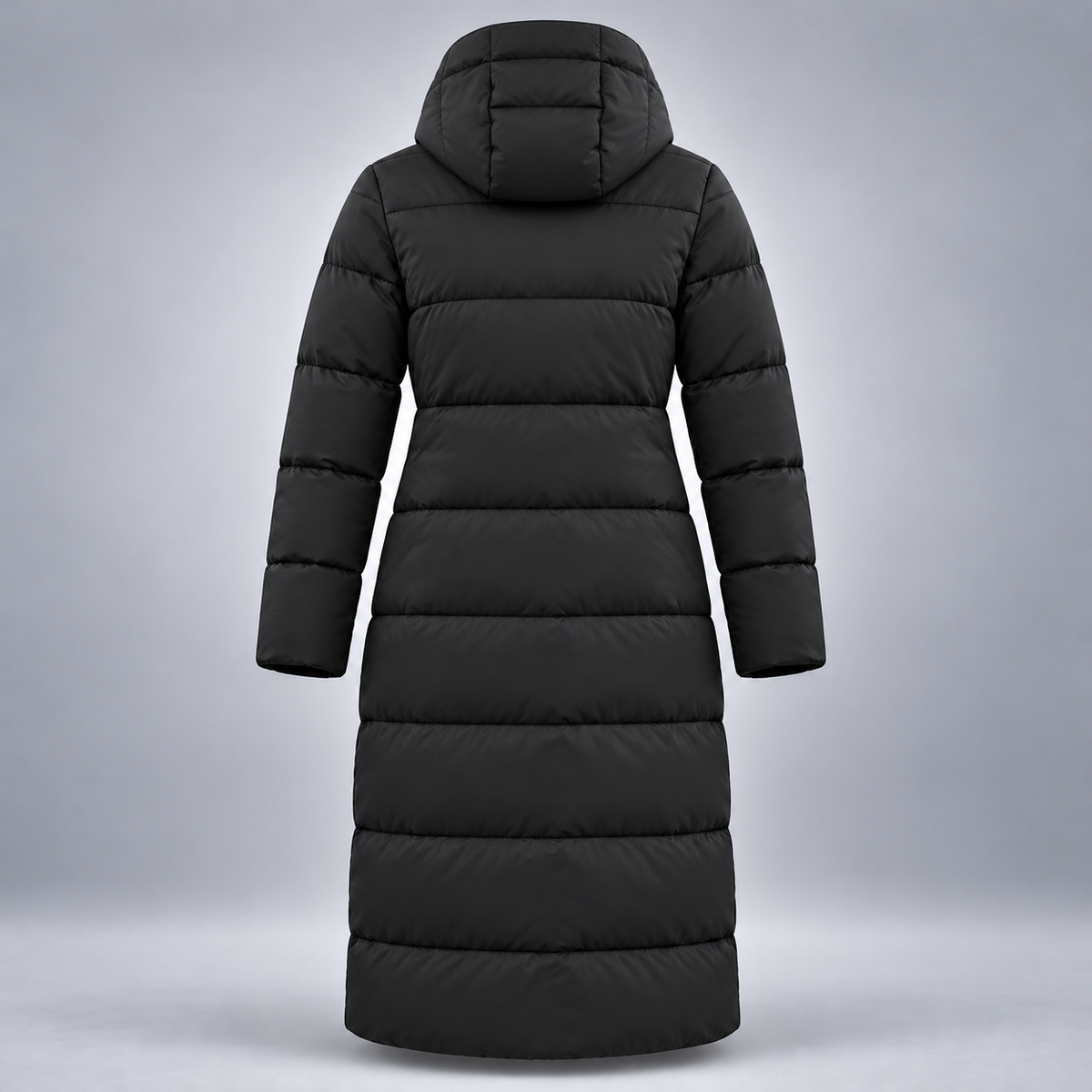 Take One Horizon Women's Longline Puffer Coat by Take One Sportswear in Black, back view.
