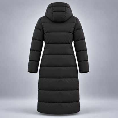 Take One Horizon Women's Longline Puffer Coat by Take One Sportswear in Black, back view.