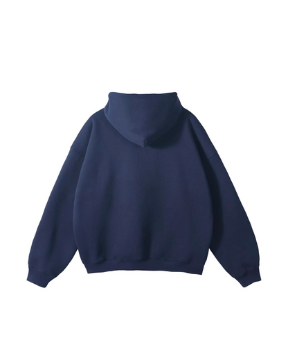 Back view of navy blue Take One Sportswear Icon Hoodie showing the solid navy design, hood, and ribbed waistband.