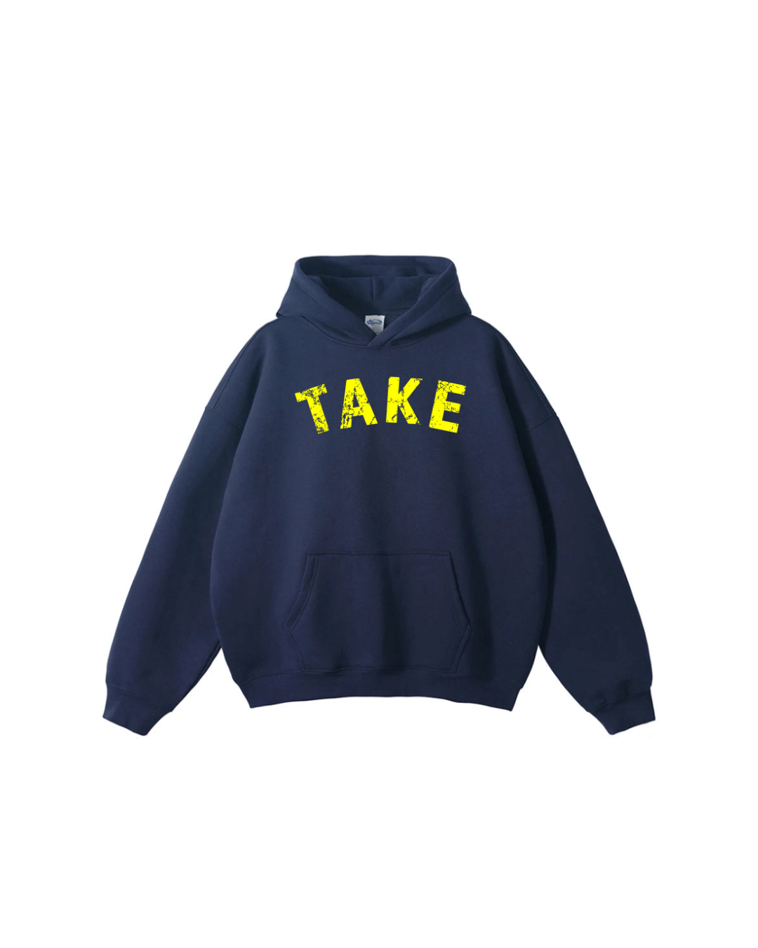 Front view of navy blue Take One Icon Hoodie featuring bold yellow TAKE lettering across the chest by Take One Sportswear.