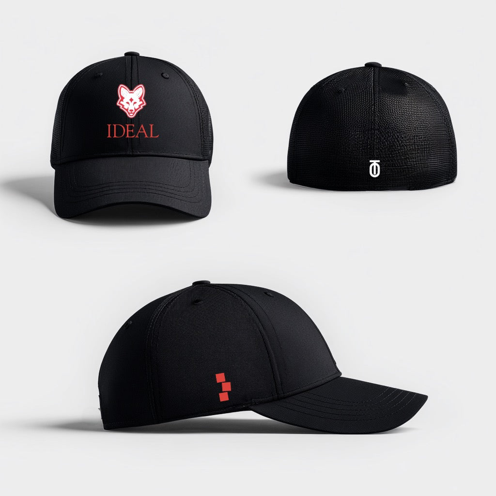 Front, back, and side views of the black IDEAL School performance baseball cap by Take One Sportswear, featuring the red IDEAL logo, mesh back, and curved brim.
