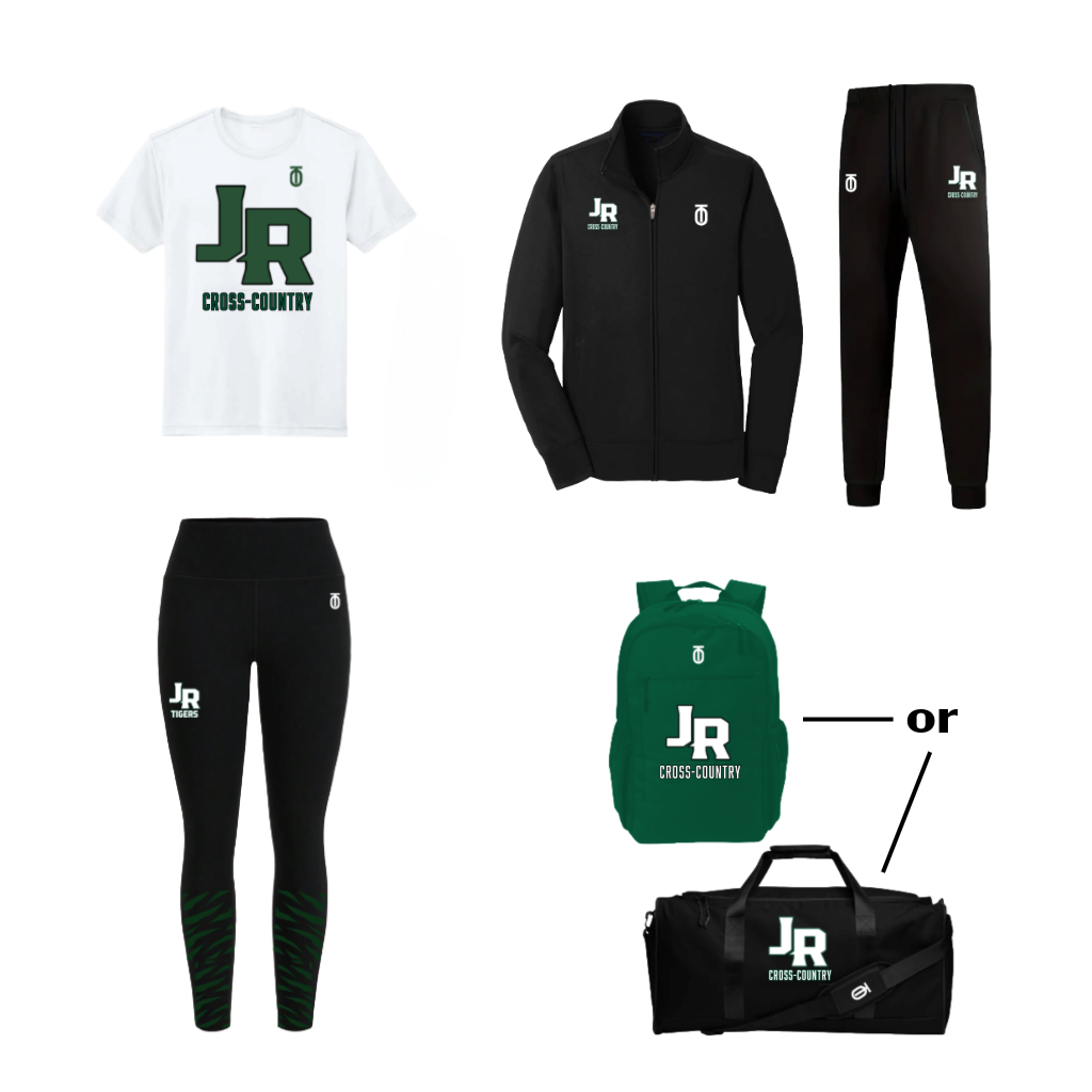 Jackson-Reed Cross-Country women's apparel package by Take One Sportswear featuring a white JR T-shirt, black zip-up hoodie, joggers, green-accented leggings, and backpack or duffel bag options.