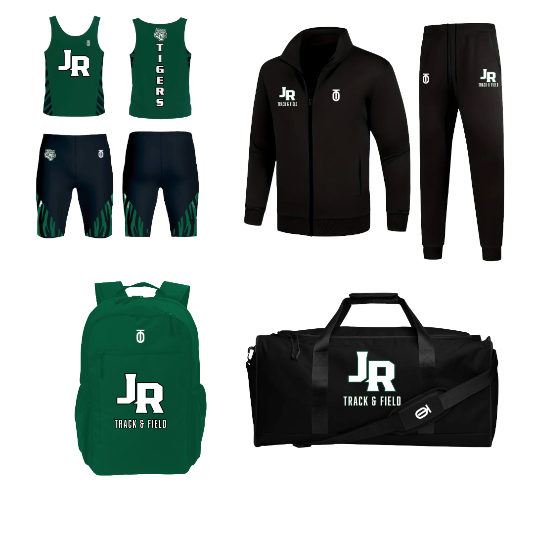 Jackson-Reed men's Track & Field Essentials Package by Take One Sportswear featuring a green racing uniform, black warm-up set, green backpack, and black duffle bag.