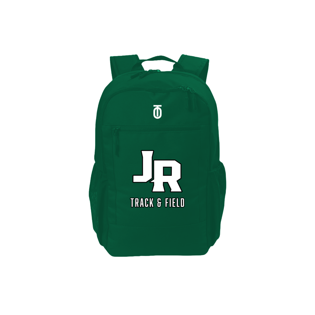 Green Jackson-Reed Track & Field backpack by Take One Sportswear with white JR logo, shoulder straps, and top carrying handle on a white background.