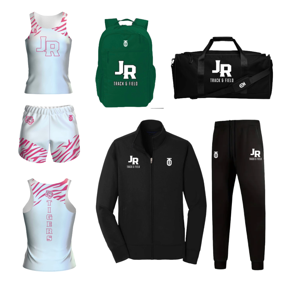 Jackson-Reed women's Track & Field newcomer package by Take One Sportswear with white and pink uniform, green backpack, black duffle bag, jacket, and pants.