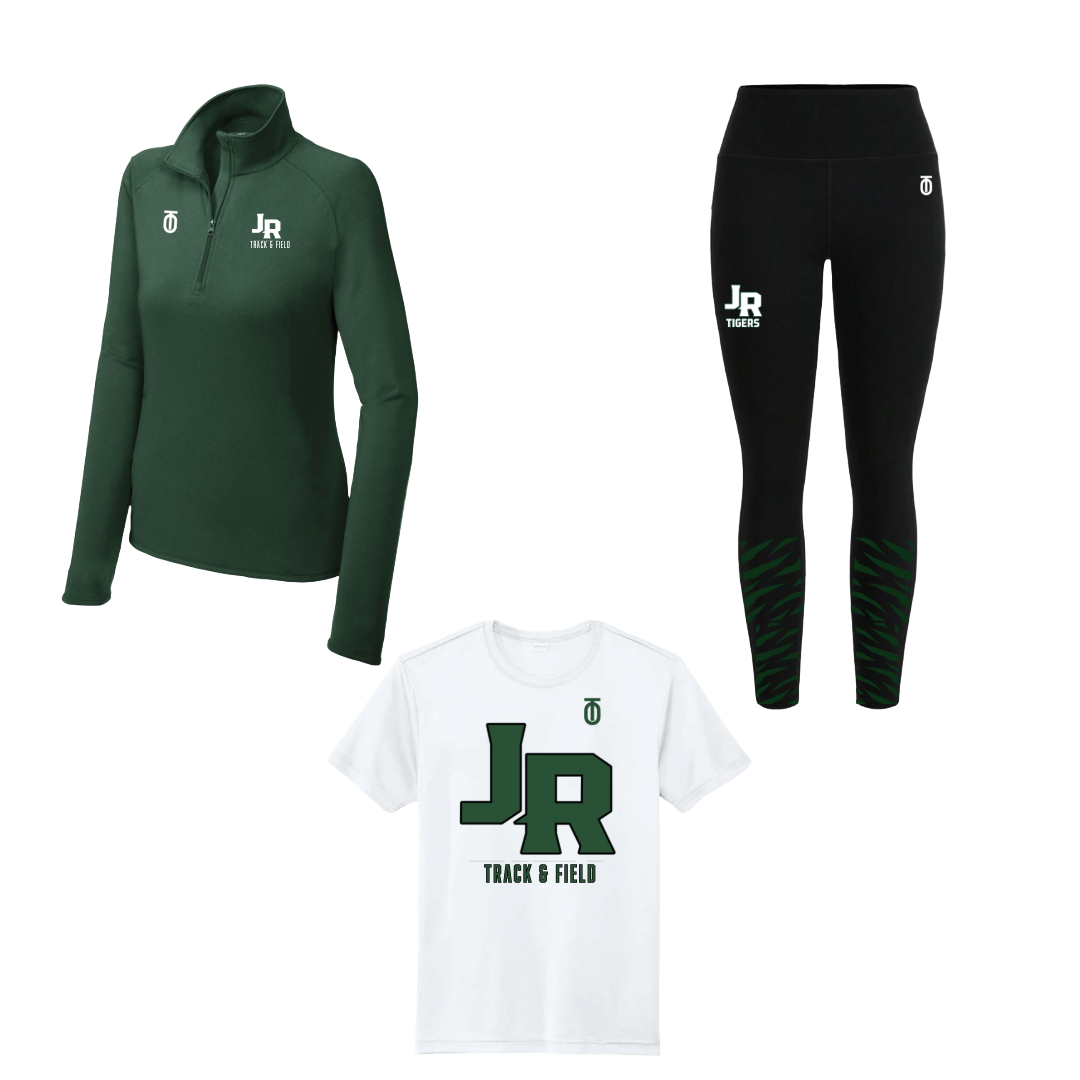 ackson-Reed women's Track & Field SWAG package by Take One Sportswear featuring a green quarter-zip top, black JR leggings, and white team T-shirt.