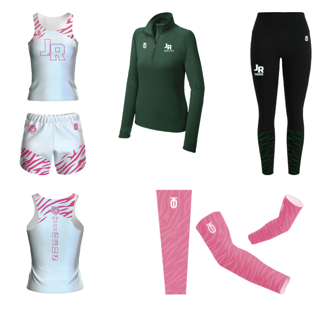Jackson-Reed women's Track & Field returners upgrade package by Take One Sportswear featuring a white and pink uniform, green quarter-zip, black leggings, and pink accessories.