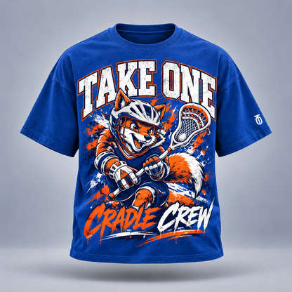 Take One Cradle Crew Graphic Tee by Take One Sportswear in Royal Blue, front view featuring original lacrosse fox mascot and TO sleeve branding.