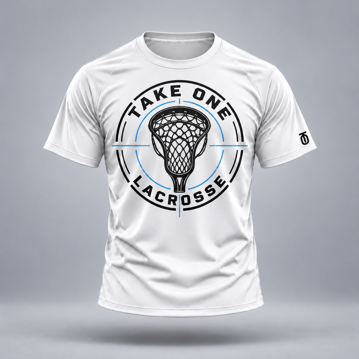 Take One Field Signature Performance Graphic Tee by Take One Sportswear in White, front view with clean lacrosse-stick emblem and TO sleeve branding.