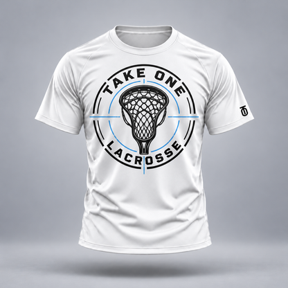 Take One Field Signature Performance Graphic Tee by Take One Sportswear in White, front view with clean lacrosse-stick emblem and TO sleeve branding.