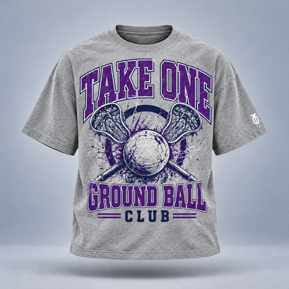 Take One Ground Ball Club Graphic Tee by Take One Sportswear in Heather Grey, front view featuring retro lacrosse club lettering and TO sleeve branding.