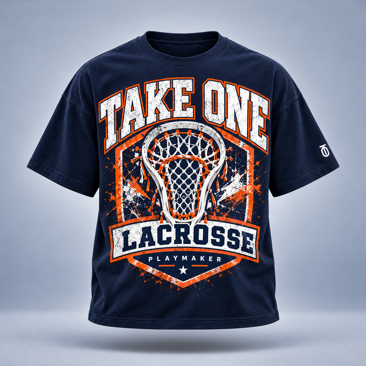 Take One Lacrosse Playmaker Graphic Tee by Take One Sportswear in Midnight Navy, front view featuring varsity lacrosse shield graphic and TO sleeve branding.
