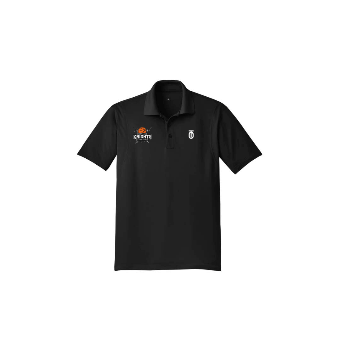 Front view of black Maryland Knights AeroDot short-sleeve polo by Take One Sportswear, featuring team branding and the Take One chest monogram.