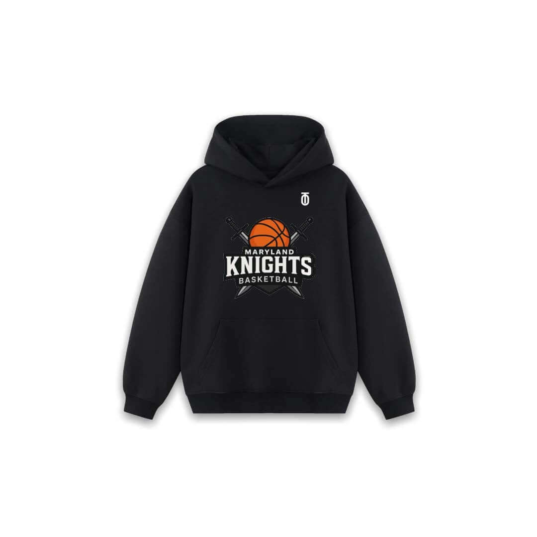 Front view of black Maryland Knights Basketball pullover hoodie by Take One Sportswear, featuring the Knights chest graphic and Take One monogram.