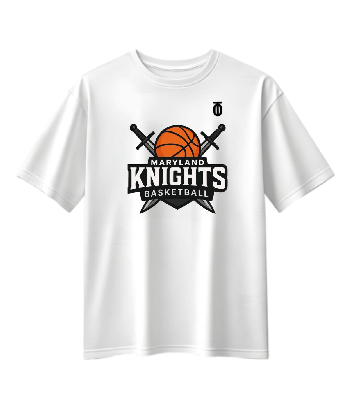 Front view of the white Maryland Knights Basketball Crest T-shirt by Take One Sportswear featuring the Knights basketball and crossed swords logo.