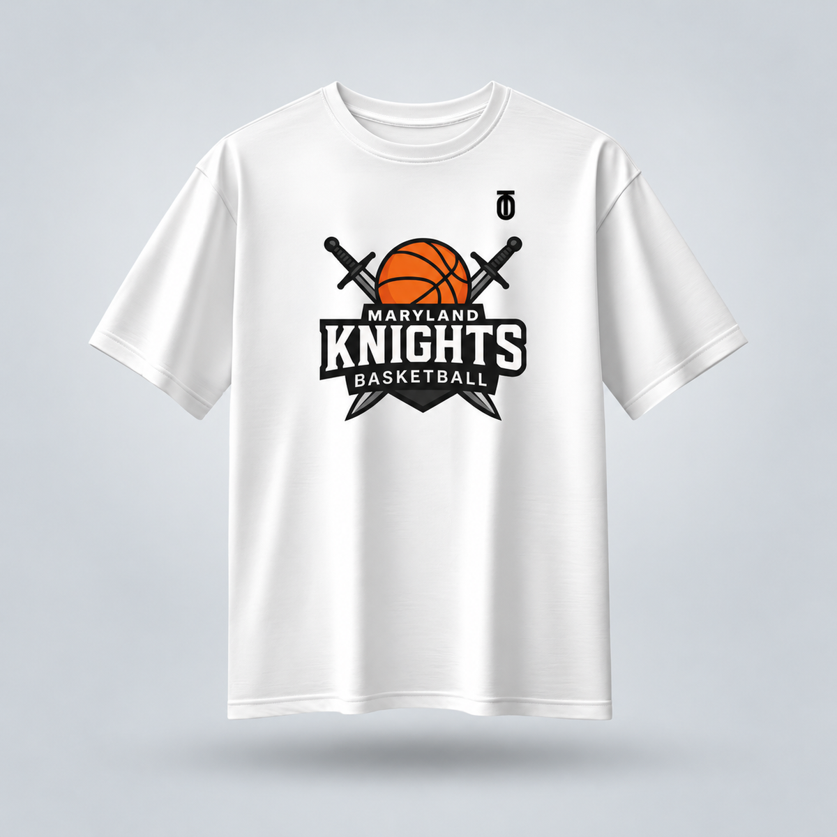 Front view of the white Maryland Knights Basketball Crest T-shirt by Take One Sportswear featuring the Knights basketball and crossed swords logo. Neutral grey studio background with a subtle floating shadow.