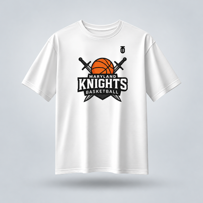 Front view of the white Maryland Knights Basketball Crest T-shirt by Take One Sportswear featuring the Knights basketball and crossed swords logo. Neutral grey studio background with a subtle floating shadow.