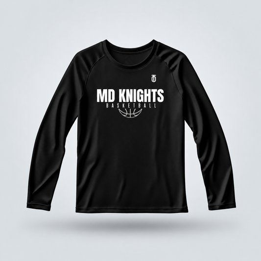 Front view of the black Maryland Knights Basketball Essential Long Sleeve Shirt by Take One Sportswear, featuring white MD Knights Basketball lettering and chest logo. Neutral grey studio background with a subtle floating shadow.