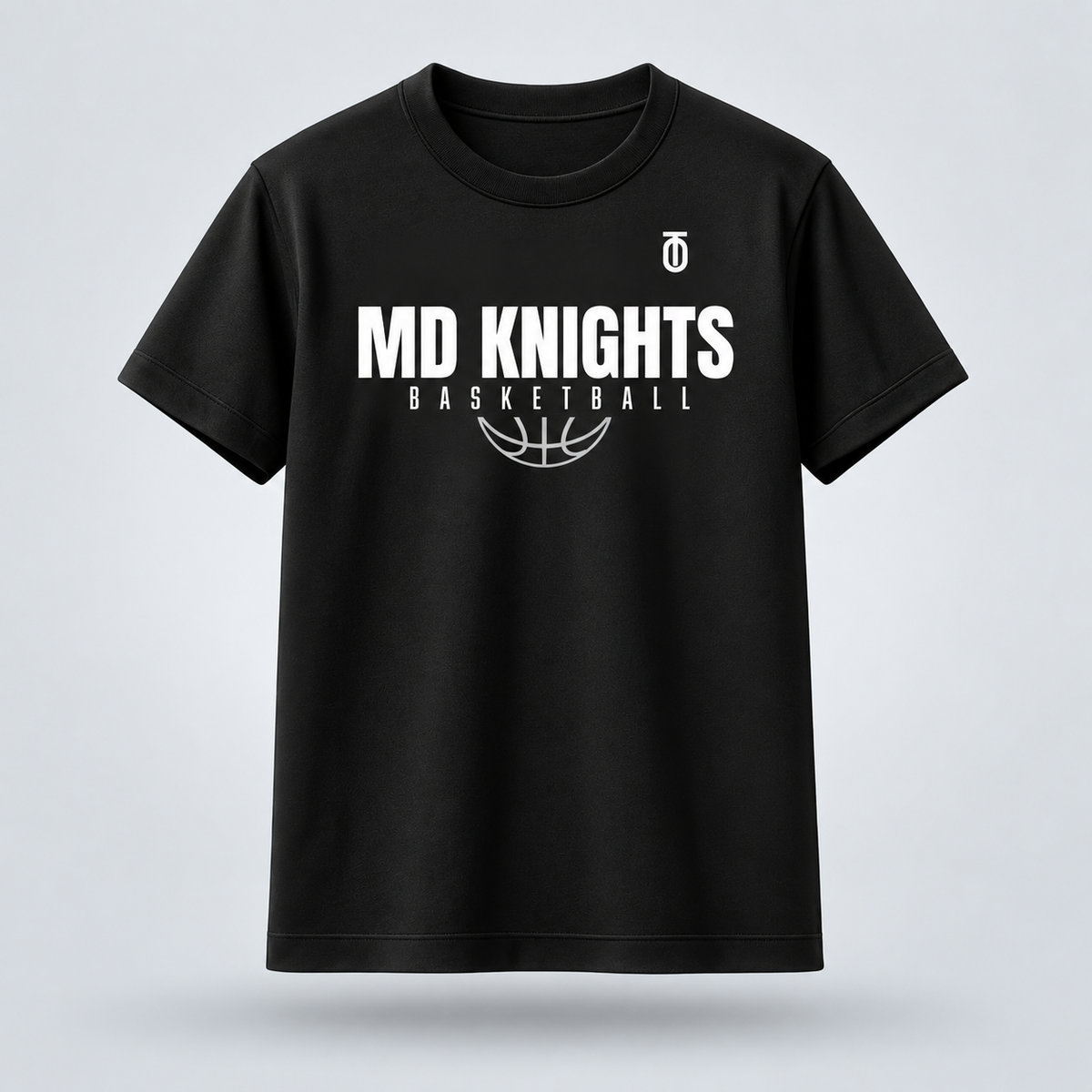 Front view of the black Maryland Knights Basketball Performance Shirt by Take One Sportswear with white MD Knights Basketball lettering on the chest. Neutral grey studio background with a subtle floating shadow.