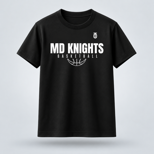 Front view of the black Maryland Knights Basketball Performance Shirt by Take One Sportswear with white MD Knights Basketball lettering on the chest. Neutral grey studio background with a subtle floating shadow.