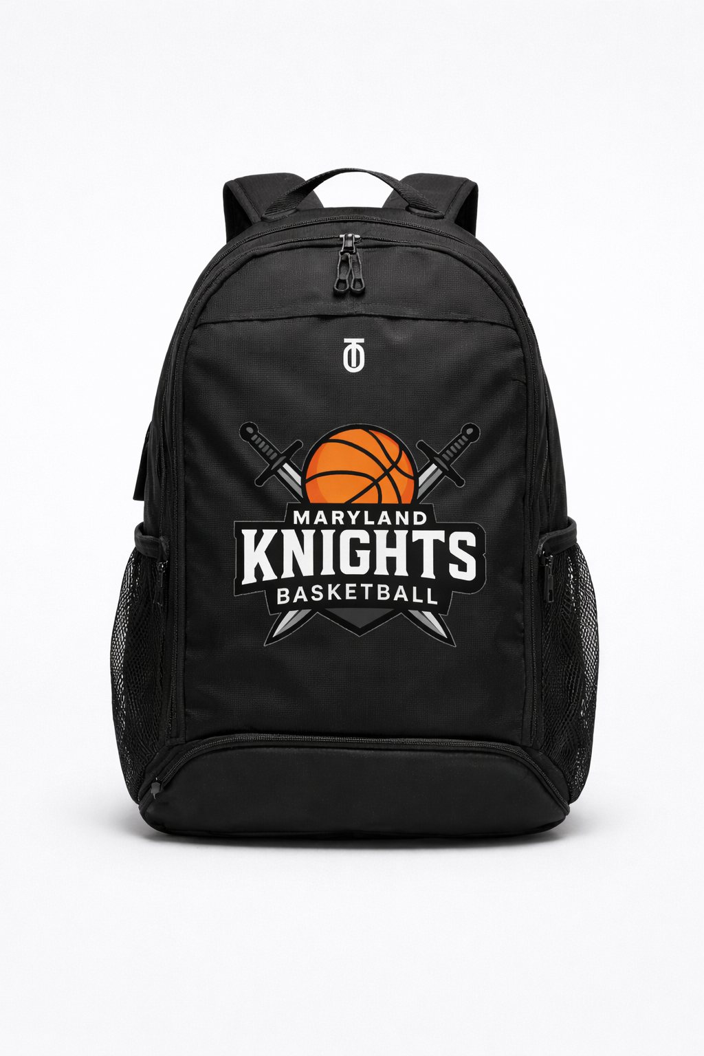 Front view of the black Maryland Knights Basketball team backpack by Take One Sportswear, featuring the orange basketball and crossed swords logo with side mesh pockets.
