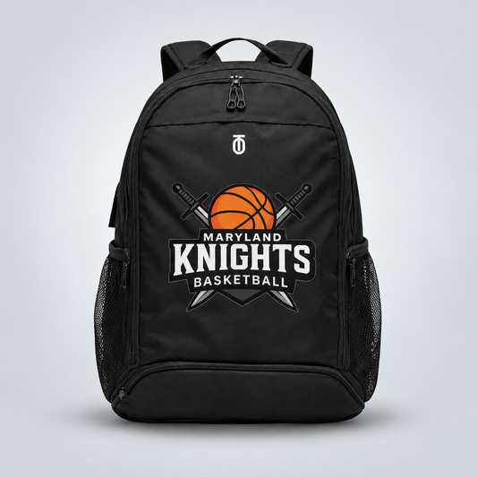 Front view of the black Maryland Knights Basketball team backpack by Take One Sportswear, featuring the orange basketball and crossed swords logo with side mesh pockets. Neutral grey studio background with a subtle floating shadow.