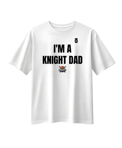 White Maryland Knights Dad supporter T-shirt by Take One Sportswear, featuring black family lettering and the team logo.