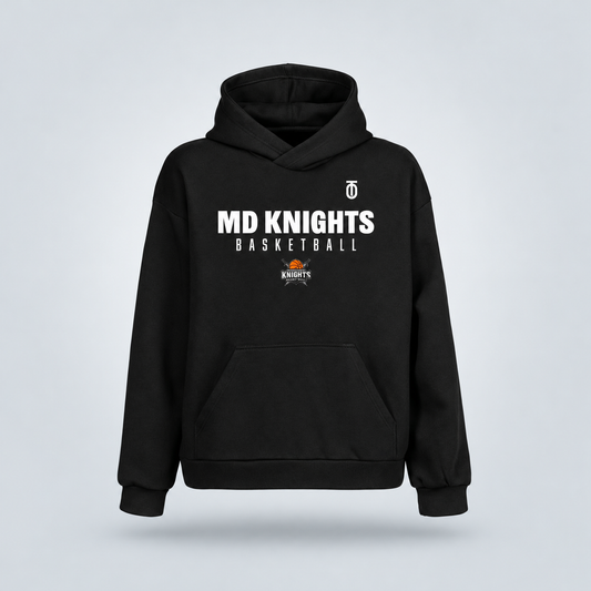 Front view of black Maryland Knights Basketball Hoodie by Take One Sportswear, featuring white MD Knights graphics, team logo, and a kangaroo pocket. Neutral grey studio background with a subtle floating shadow.