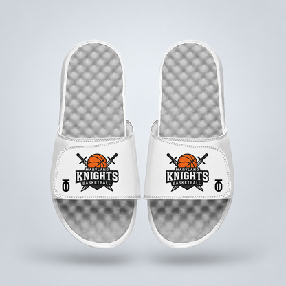 Top view of white Maryland Knights AAU Basketball Mantra Slides by Take One Sportswear, featuring the Maryland Knights  logo on the straps and textured grey footbeds. Neutral grey studio background with a subtle floating shadow.
