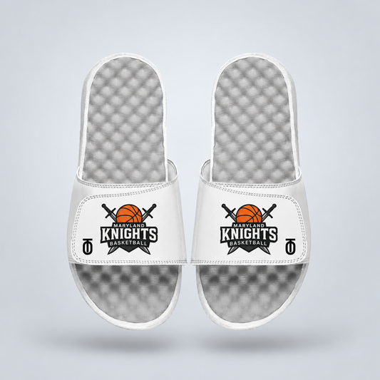 Top view of white Maryland Knights AAU Basketball Mantra Slides by Take One Sportswear, featuring the Maryland Knights  logo on the straps and textured grey footbeds. Neutral grey studio background with a subtle floating shadow.