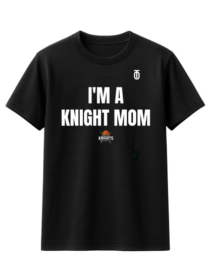 Black Maryland Knights Mom supporter T-shirt by Take One Sportswear, featuring white family lettering and the team logo.