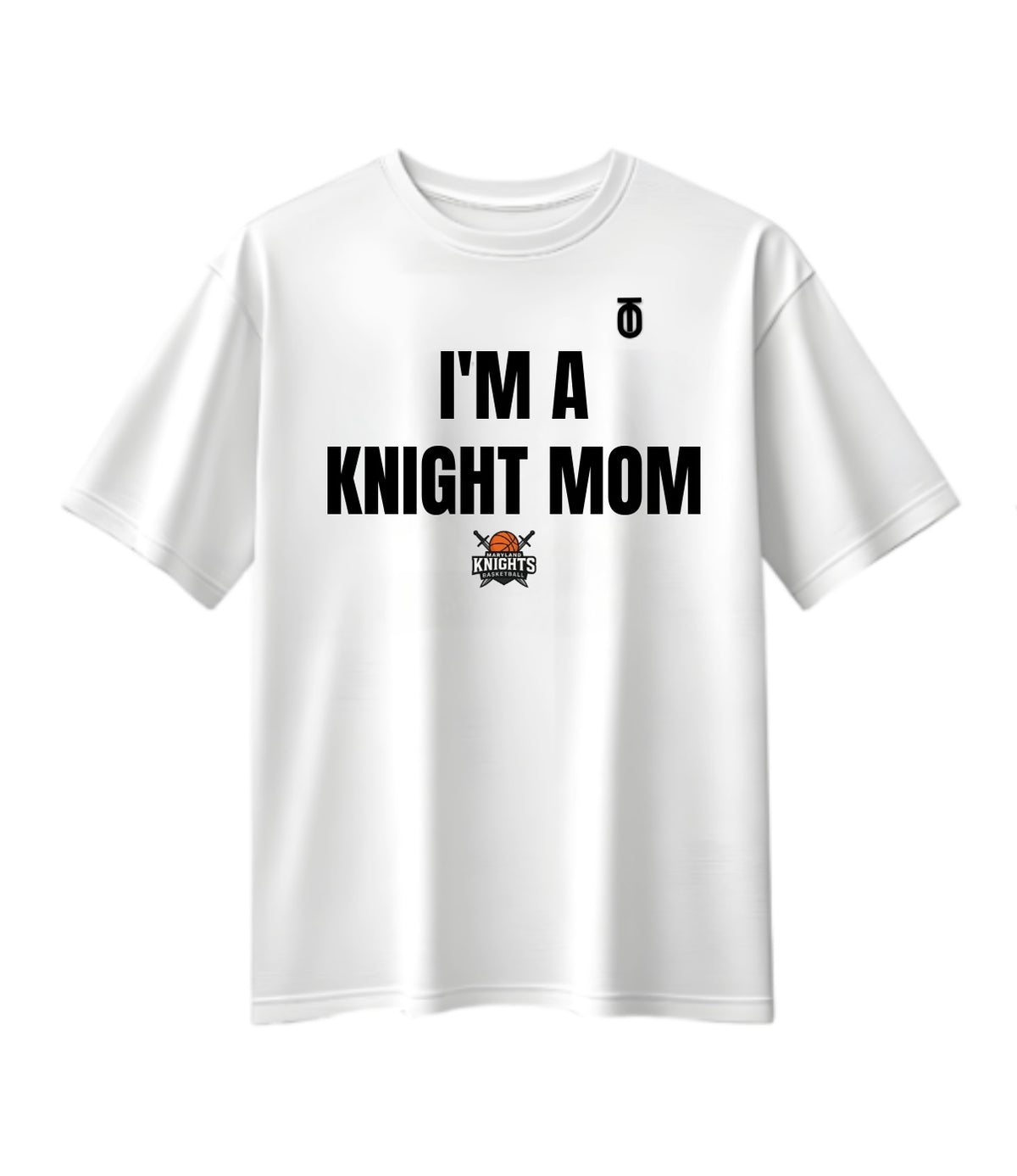 White Maryland Knights Mom supporter T-shirt by Take One Sportswear, featuring black family lettering and the team logo.