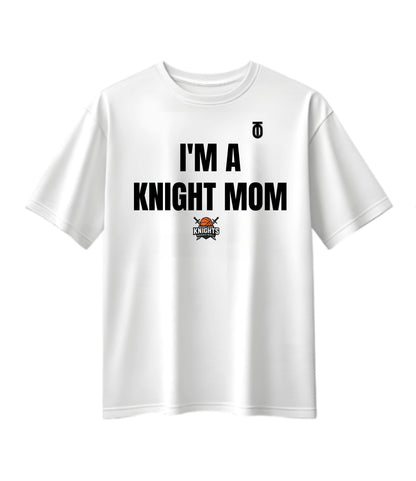 White Maryland Knights Mom supporter T-shirt by Take One Sportswear, featuring black family lettering and the team logo.