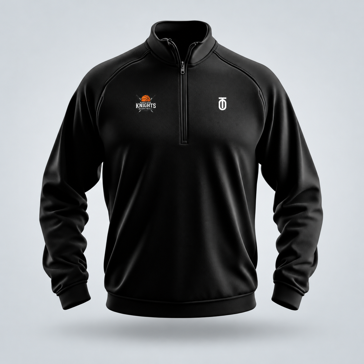 Black Maryland Knights Basketball performance quarter-zip pullover by Take One Sportswear featuring the orange Knights Basketball crest and white Take One chest logo. Neutral grey studio background with a subtle floating shadow.