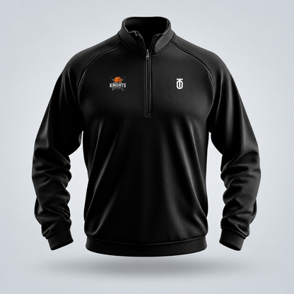 Black Maryland Knights Basketball performance quarter-zip pullover by Take One Sportswear featuring the orange Knights Basketball crest and white Take One chest logo. Neutral grey studio background with a subtle floating shadow.