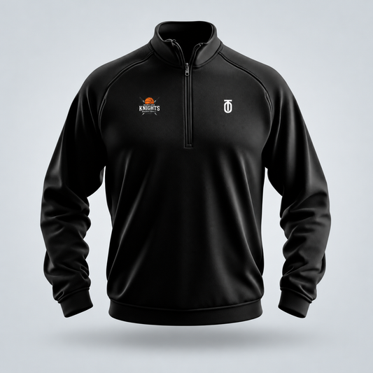 Black Maryland Knights Basketball performance quarter-zip pullover by Take One Sportswear featuring the orange Knights Basketball crest and white Take One chest logo. Neutral grey studio background with a subtle floating shadow.