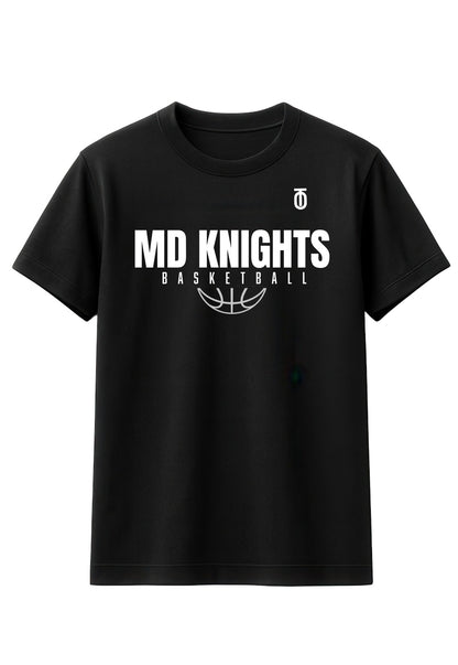 Front view of the black Maryland Knights Basketball Performance Shirt by Take One Sportswear with white MD Knights Basketball lettering on the chest.
