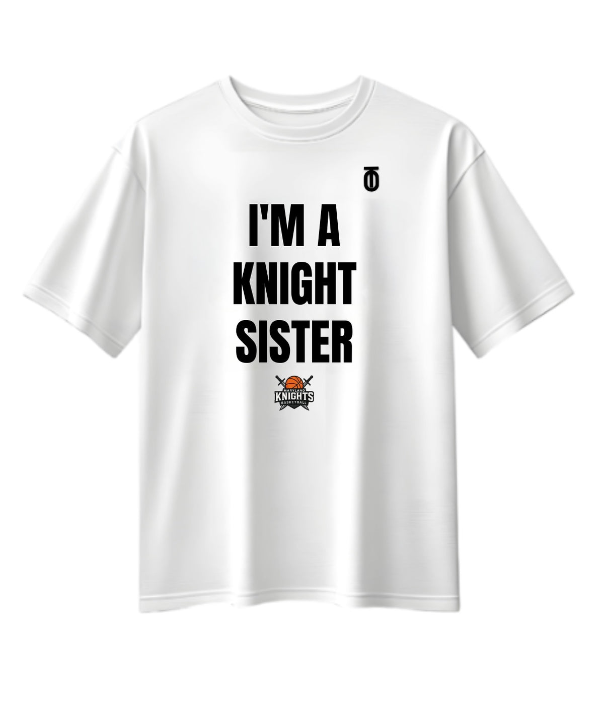 White Maryland Knights Sister supporter T-shirt by Take One Sportswear, featuring black family lettering and the team logo.