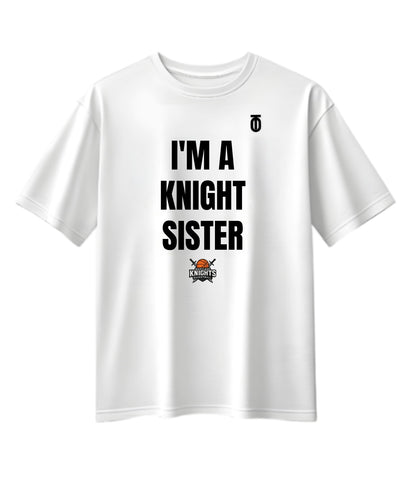 White Maryland Knights Sister supporter T-shirt by Take One Sportswear, featuring black family lettering and the team logo.