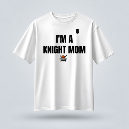 White Maryland Knights Mom supporter T-shirt by Take One Sportswear, featuring black family lettering and the team logo. Neutral grey studio background with a subtle floating shadow.
