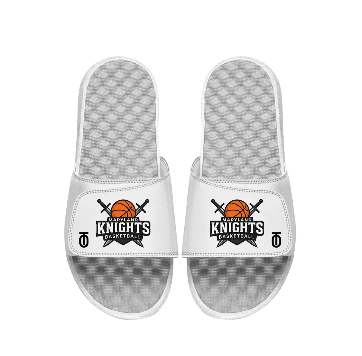 Top view of white Maryland Knights AAU Basketball Mantra Slides by Take One Sportswear, featuring the Maryland Knights  logo on the straps and textured grey footbeds.