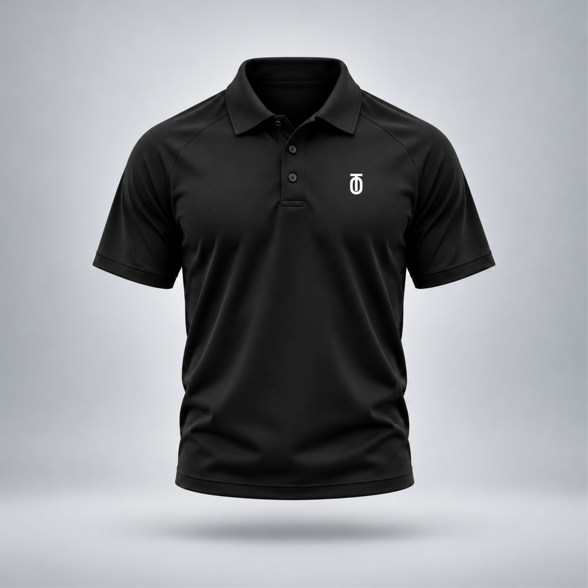 Take One Sportswear Performance Polo in black, front view featuring white Take One monogram on the left chest, three-button collar, and athletic fit.