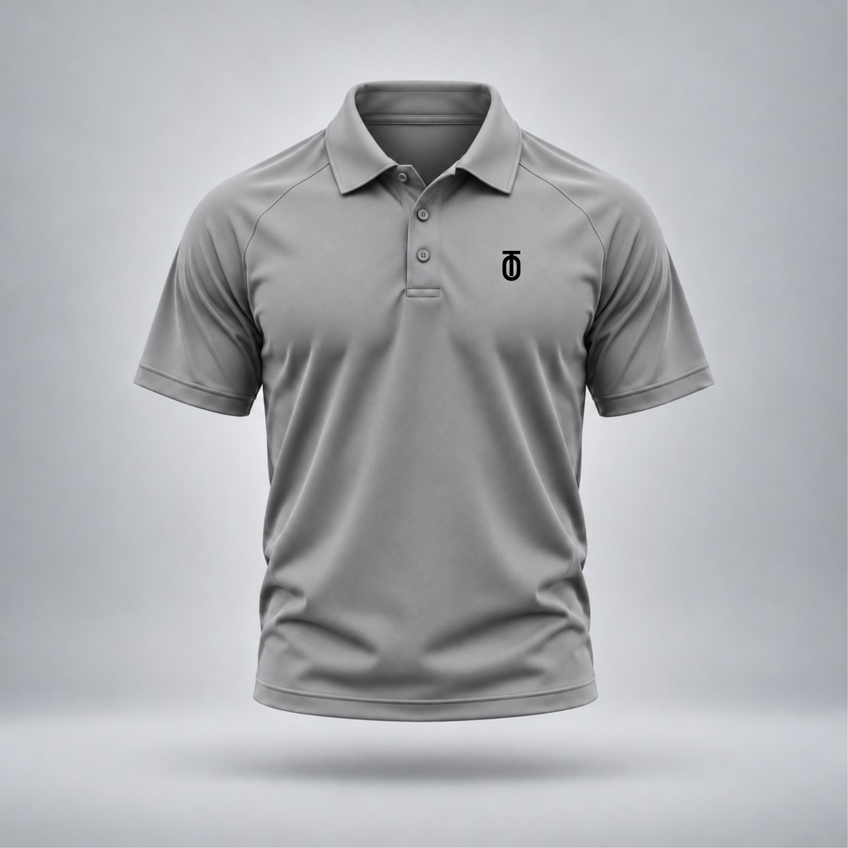 Take One Sportswear Performance Polo in light grey, front view featuring black Take One monogram on the left chest, short sleeves, and three-button collar.