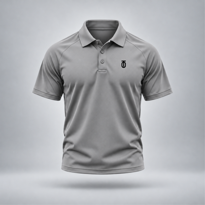 Take One Sportswear Performance Polo in light grey, front view featuring black Take One monogram on the left chest, short sleeves, and three-button collar.