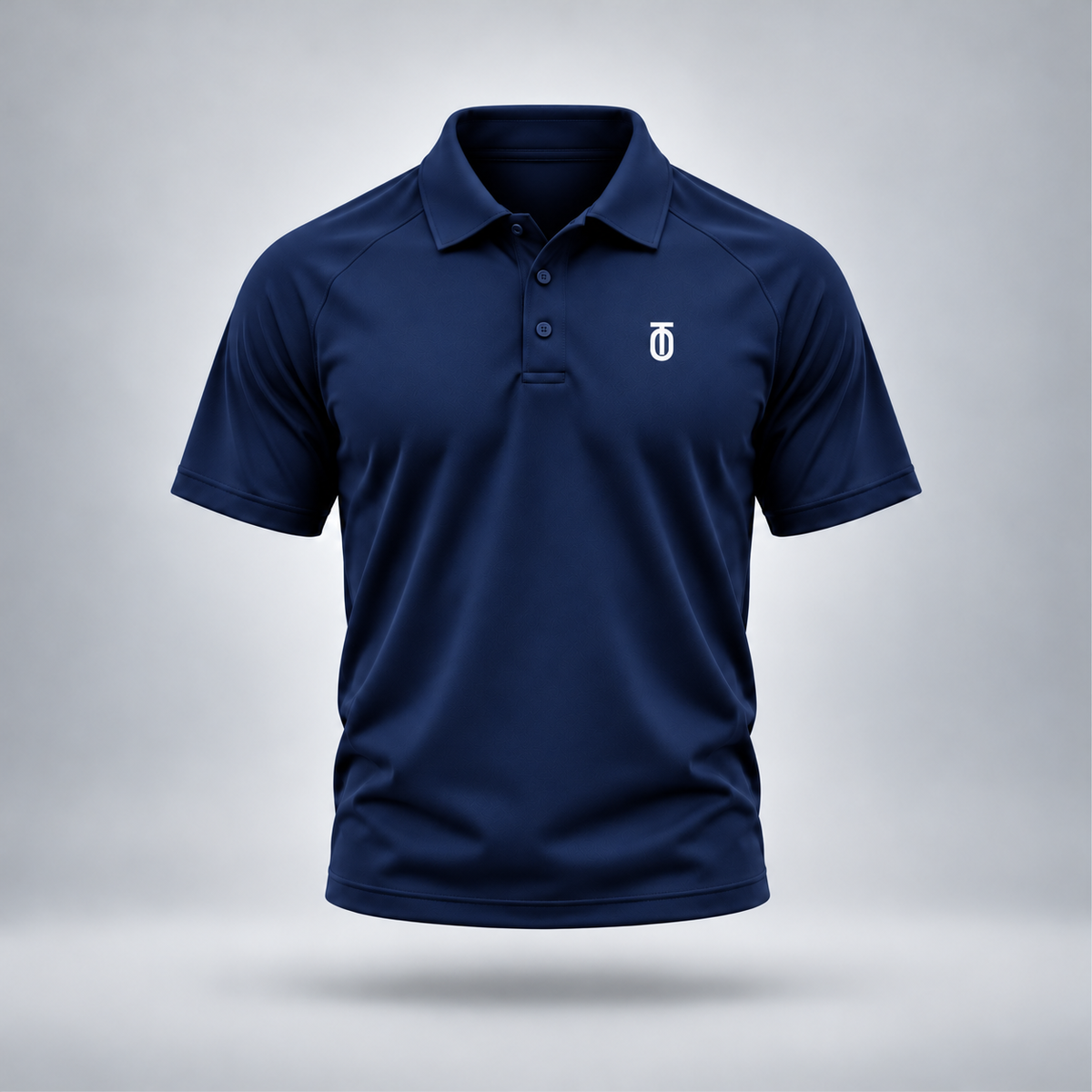 Take One Sportswear Performance Polo in midnight navy, front view featuring white Take One monogram, three-button placket, and athletic silhouette.